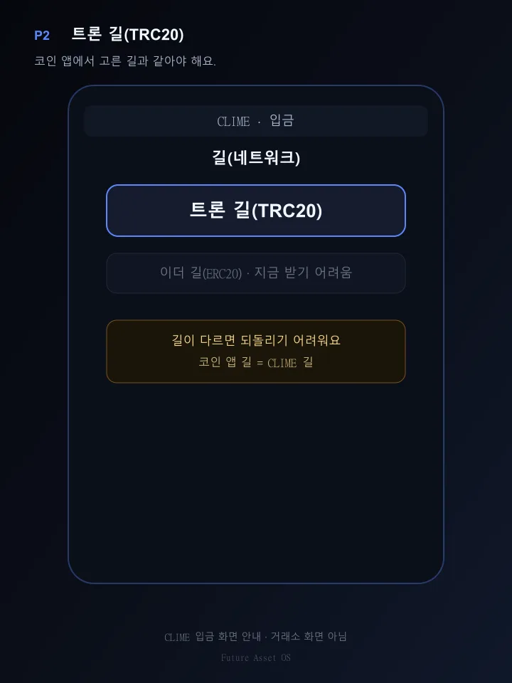 입금 화면에서 트론 길(TRC20)을 고르는 안내 그림